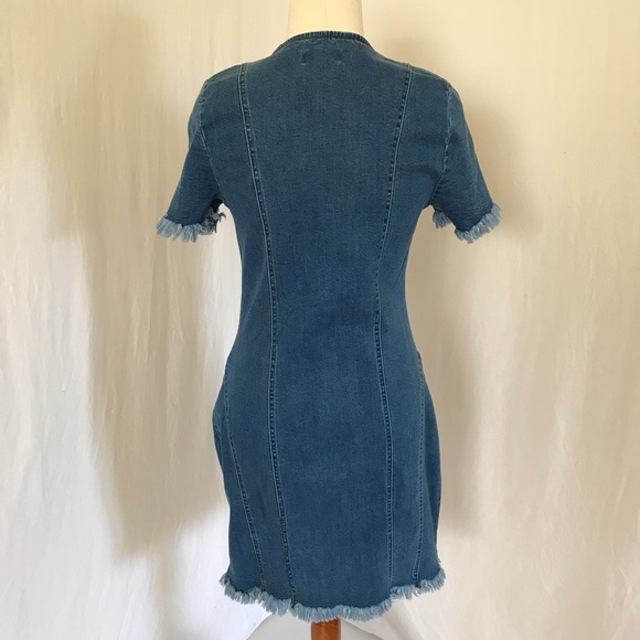 MISSGUIDED womens sz 10 stretch denim zip front frayed edge mid blue denim dress - Picture 7 of 16